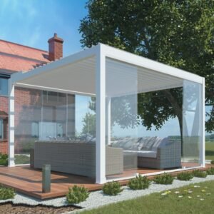 Liukso terasos pavėsinė 3,5 x 3,5 m balta su LED ir elektriniu stogeliu