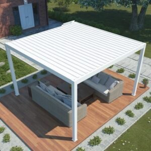 Liukso terasos pavėsinė 3,5 x 3,5 m balta su LED ir elektriniu stogeliu