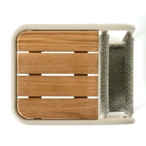 Šoninis stalas Livo 31x25x45 cm Aliuminis, smėlio spalvos, tiko mediena, atsparus saulės spinduliams pilkai smėlio spalvos audinys