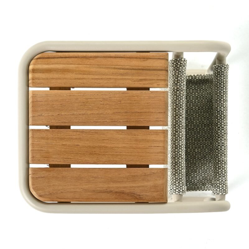 Šoninis stalas Livo 31x25x45 cm Aliuminis, smėlio spalvos, tiko mediena, atsparus saulės spinduliams pilkai smėlio spalvos audinys