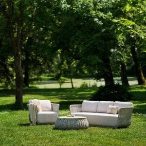 3-vietė sofa Pioverna 215x85x70cm Pilka virvė, saulės spindulių nepraleidžianti smėlio spalvos audinys