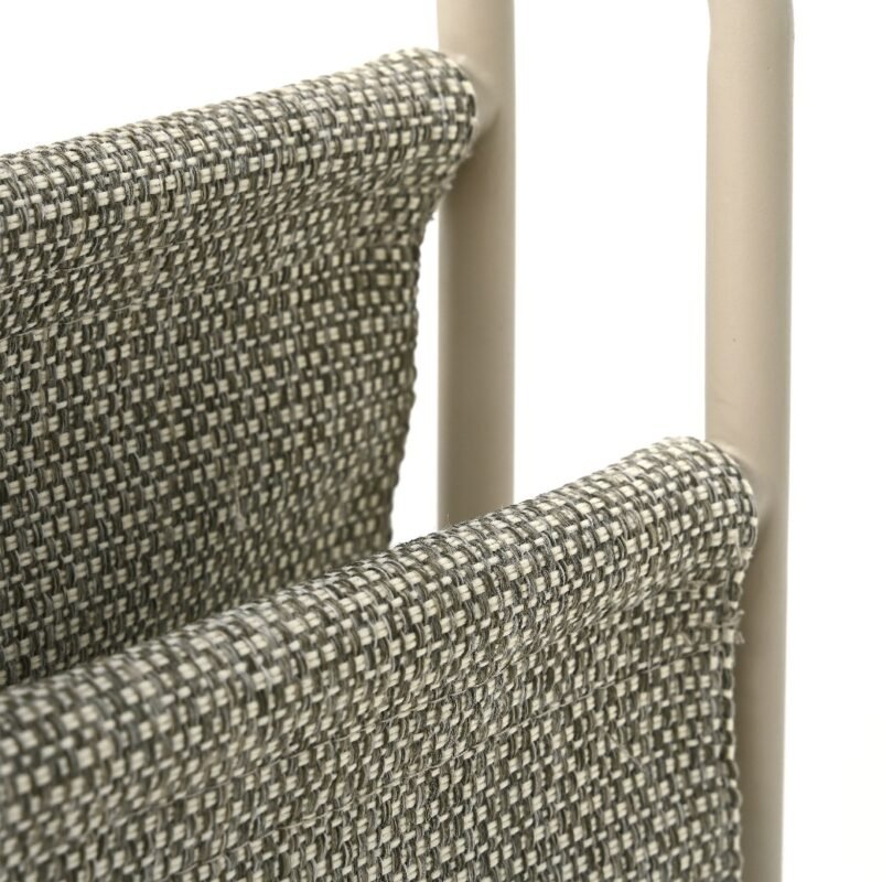 Šoninis stalas Livo 31x25x45 cm Aliuminis, smėlio spalvos, tiko mediena, atsparus saulės spinduliams pilkai smėlio spalvos audinys