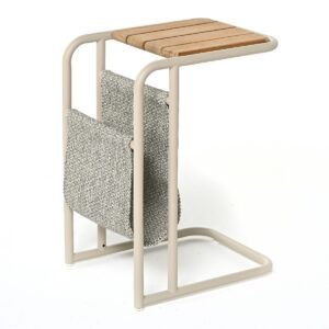 Šoninis stalas Livo 31x25x45 cm Aliuminis, smėlio spalvos, tiko mediena, atsparus saulės spinduliams pilkai smėlio spalvos audinys