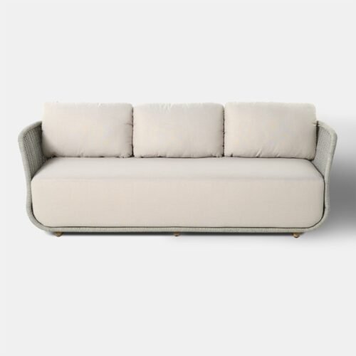 3-vietė sofa Pioverna 215x85x70cm Pilka virvė, saulės spindulių nepraleidžianti smėlio spalvos audinys
