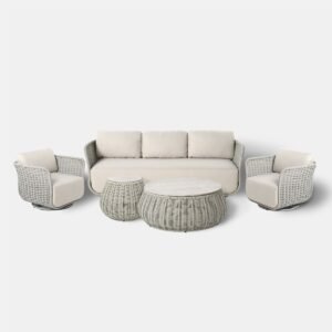 3-vietė sofa Pioverna 215x85x70cm Pilka virvė, saulės spindulių nepraleidžianti smėlio spalvos audinys