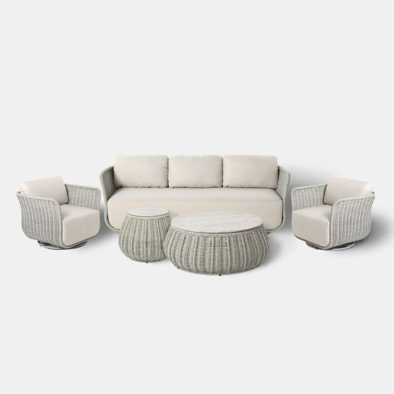 3-vietė sofa Pioverna 215x85x70cm Pilka virvė, saulės spindulių nepraleidžianti smėlio spalvos audinys